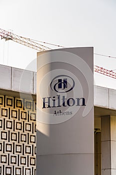 Editorial, Sign or logo for Hilton Athens Hotel